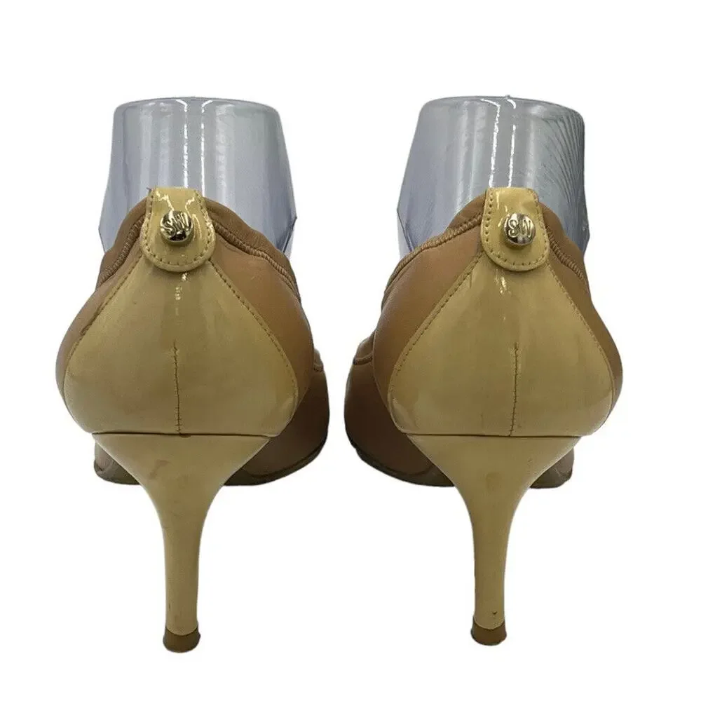 Stuart Weitzman Nude Tan Leather Patent Cap Toe Classic Heel Gold‎ Accent Sz 9.5
